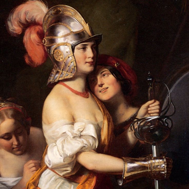 a painting of two women dressed in roman armor and holding swords, with one woman standing behind her