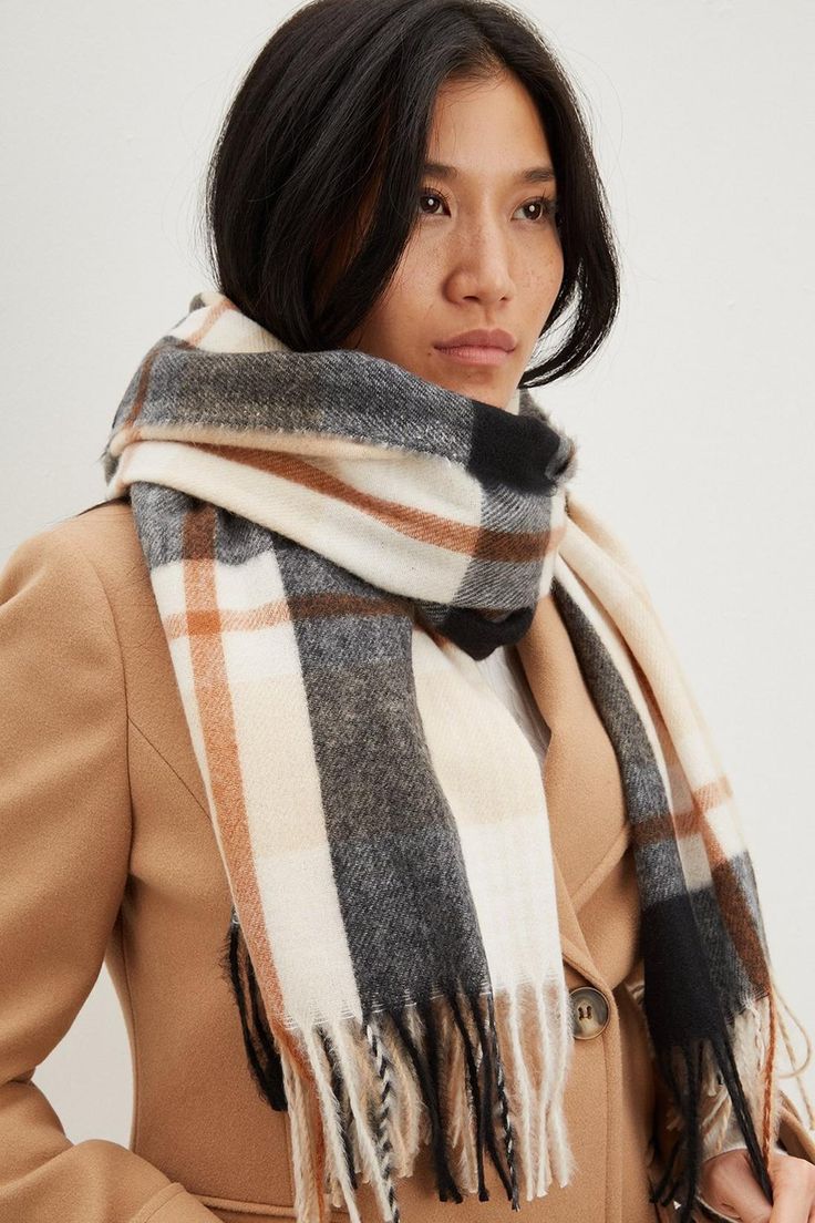 Neutral And Black Large Scale Check Scarf Check Scarf, Checked Scarf, Tassel Scarf, Dorothy Perkins, Quick Delivery, Winter Scarf, Plaid Scarf, Autumn Fashion, Gloves