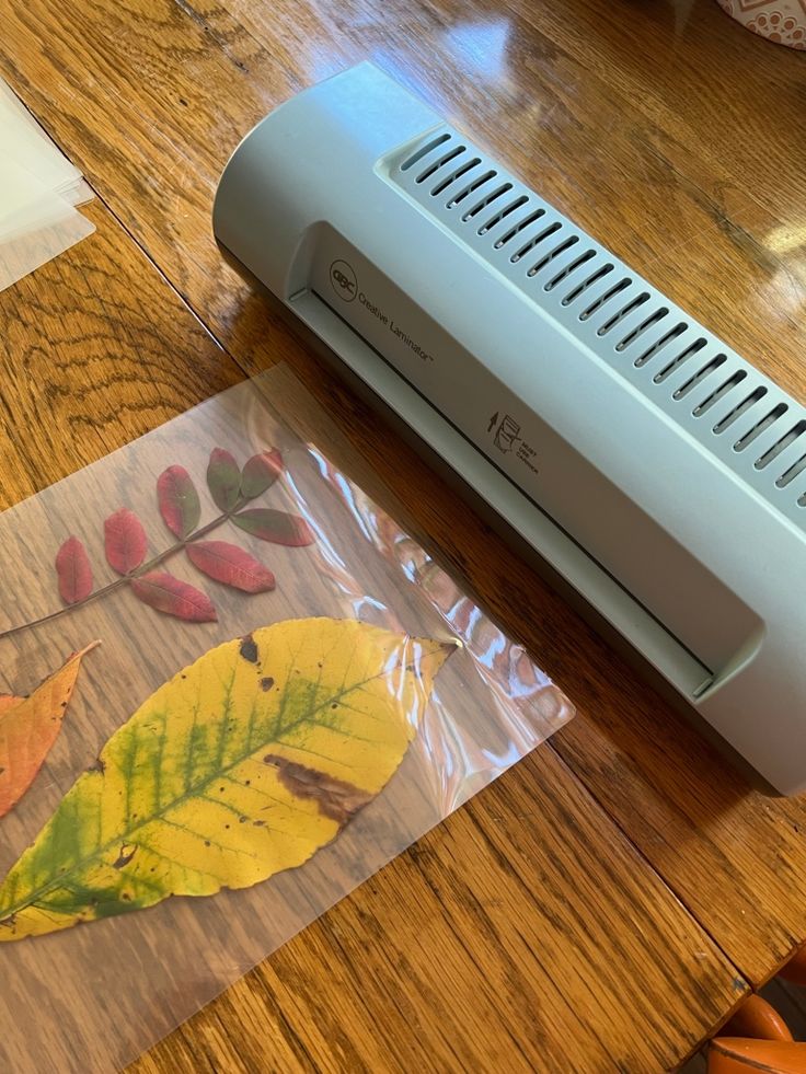 a printer sitting on top of a wooden table next to a piece of clear plastic