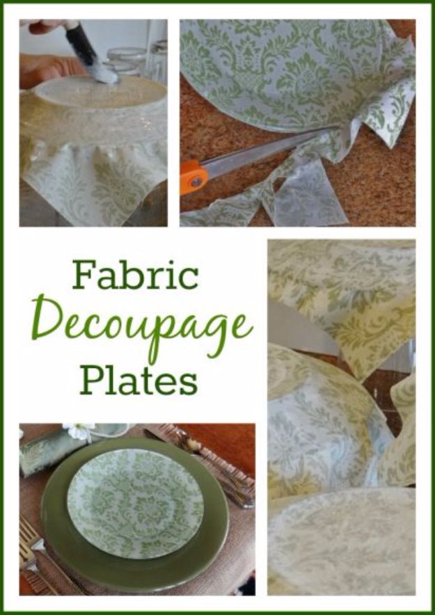 the cover of fabric decoupage plates is shown in four different pictures, including green and white