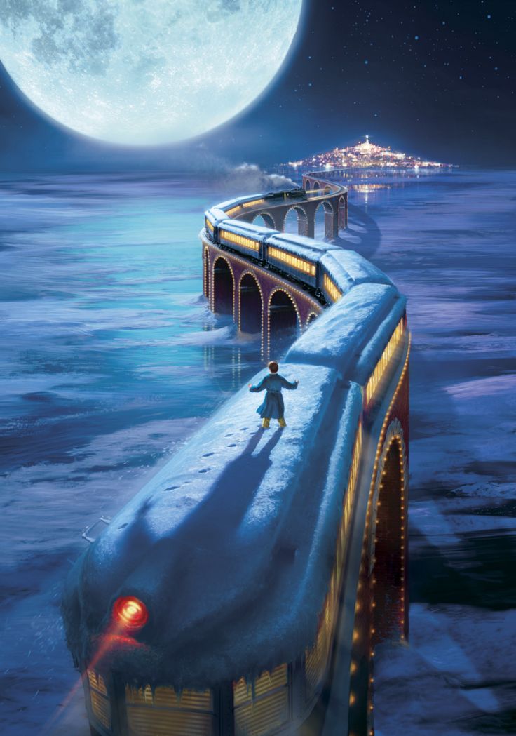 a train traveling across snow covered ground next to a full moon