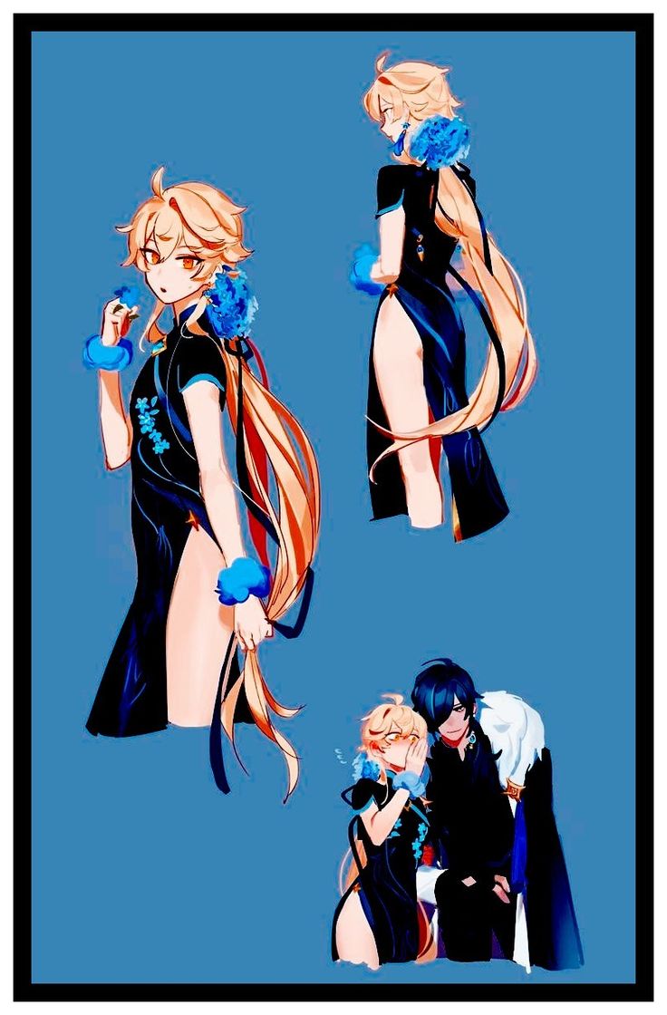 three different poses of an anime character with long blonde hair and blue gloves, one in black