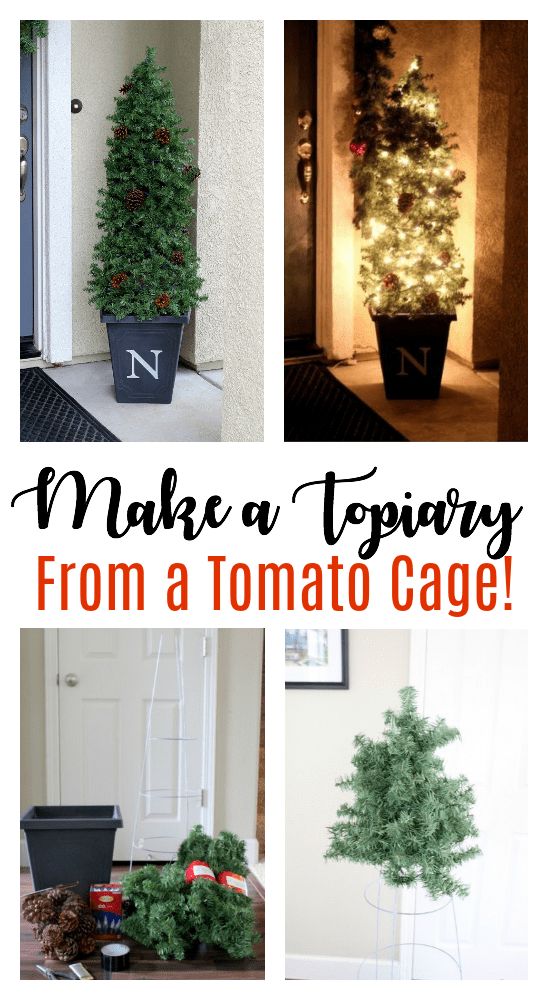 four different pictures with the words make a topiary from a tomato cage on it