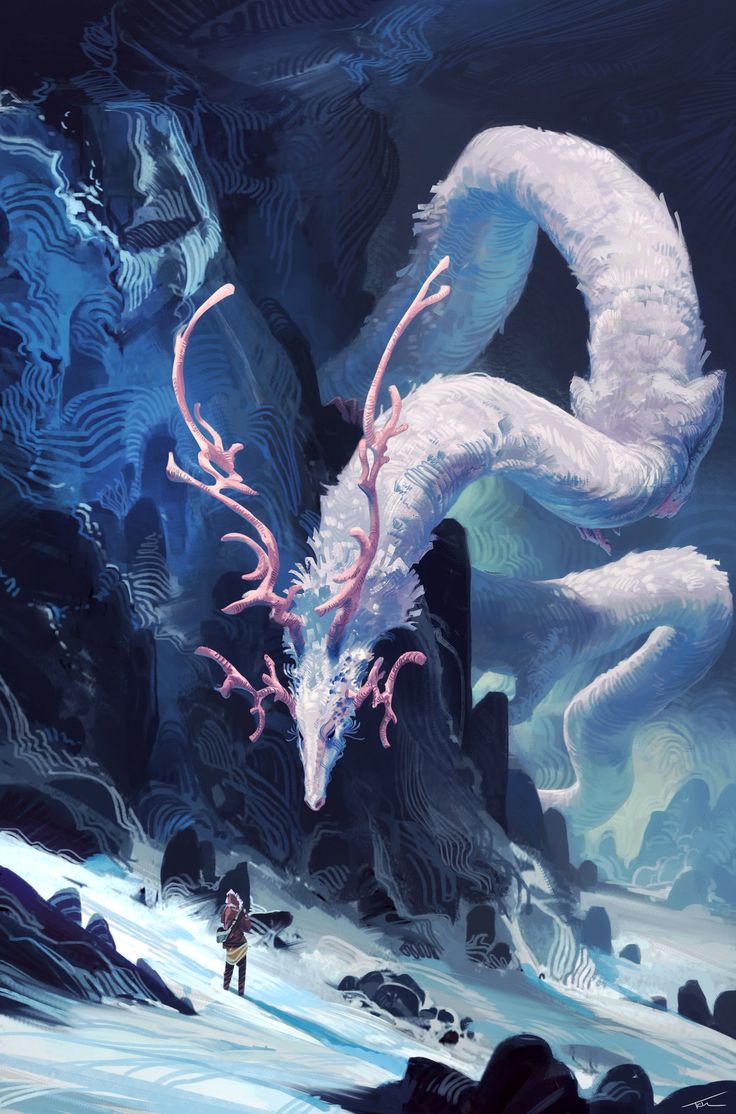 a white dragon flying over a snow covered mountain next to a person in a black jacket