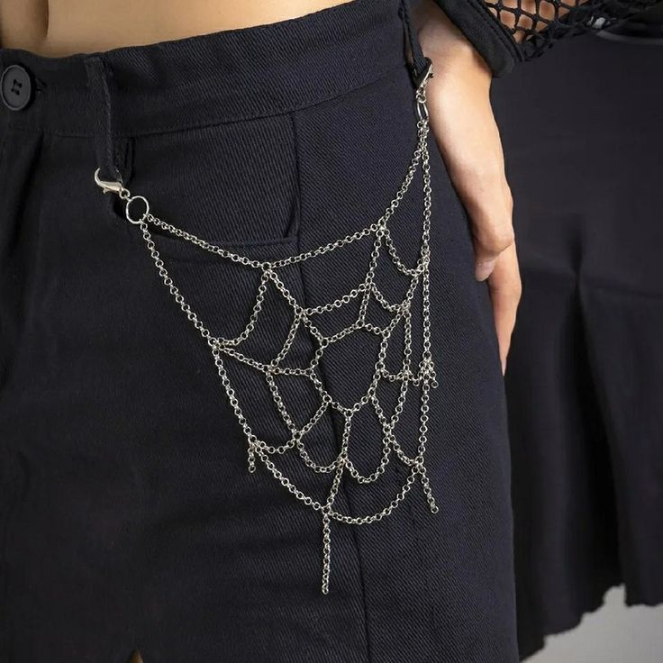 Spider Making Web, Chain Spider Web, Spider Web Costume Women Diy, Streetwear Fashion Accessories, Spider Web Jewelry, Spider Web Pants, Diy Halloween Accessories, Spider Web Fashion, Spider Web Chain