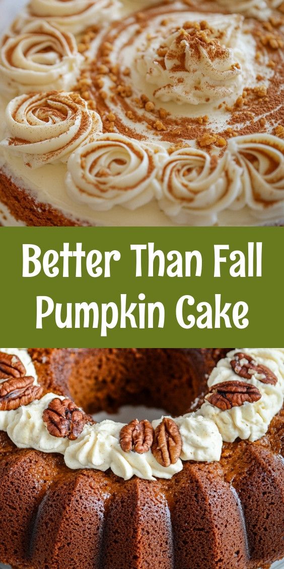 a pumpkin cake with cream cheese frosting and pecans in the middle on a white plate