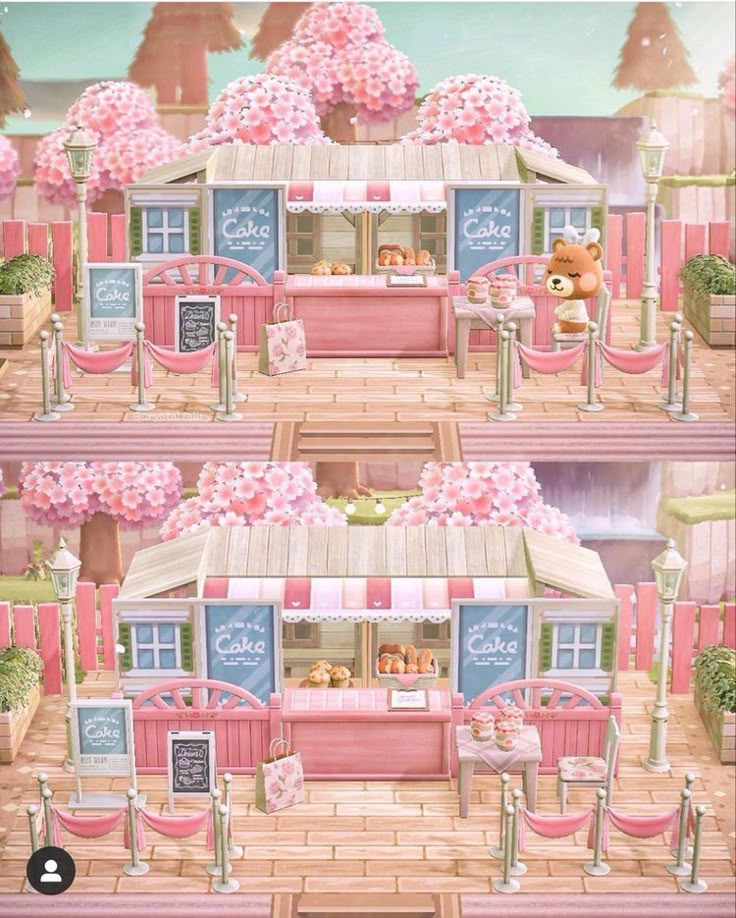 two pictures of a doll house with pink flowers and teddy bears in the front window