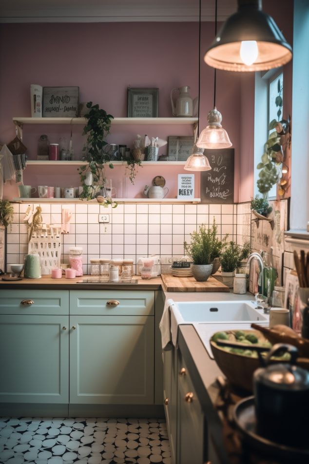 the kitchen is clean and ready to be used for cooking or baking, with plants growing on the shelves