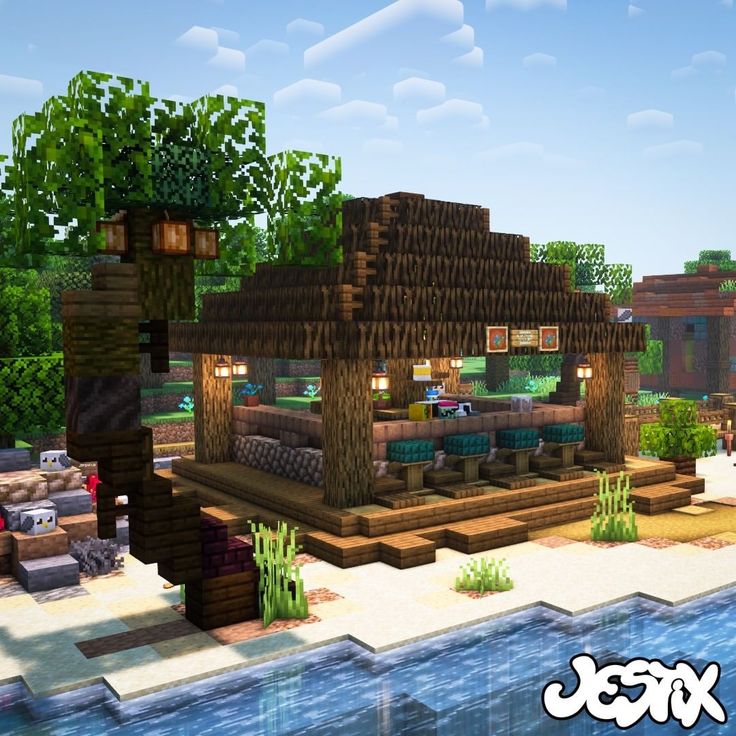 Minecraft Seafood Restaurant, Minecraft Tropical Island, Minecraft Tropical House, Minecraft Beach Hut, Minecraft Beach Ideas, Minecraft Tropical, Bar Minecraft, Minecraft Pool, Minecraft Beach