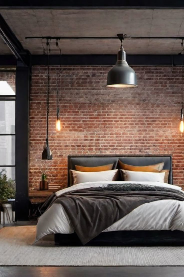 Modern bedroom with exposed brick wall, industrial pendant lights, and a neatly made bed with neutral tones. Industrial Style Interior Design Bedroom, Feminine Industrial Bedroom, Industrial Moodboard, Industrial Chic Bedroom, Industrial Boho Bedroom, Bedroom Ideas Industrial, Urban Bedroom Ideas, Industrial Interior Design Bedroom, Industrial Bedroom Ideas