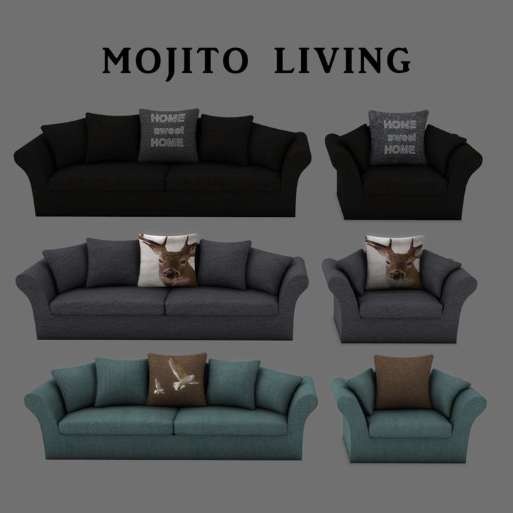 four different types of couches with pillows on them and the text mojito living