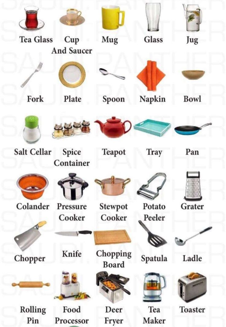 the kitchen utensils are labeled in many different languages, including english and spanish