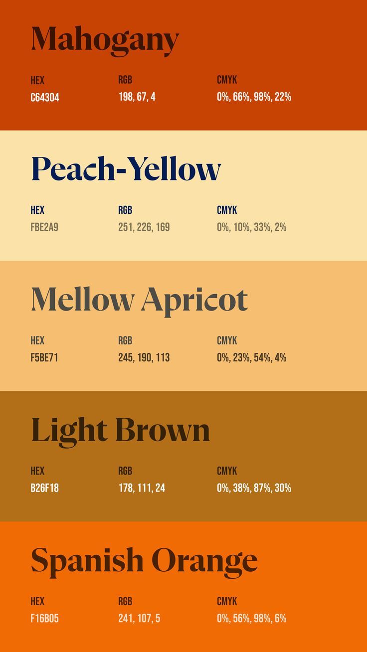 an orange, yellow, and brown color scheme with the words peach - yellow in different languages