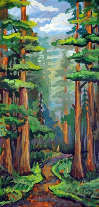 an oil painting of trees in the forest