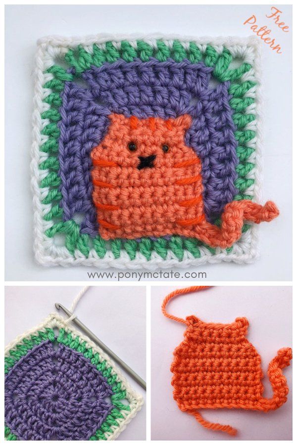 the crocheted square has an orange cat on it and is being worked in