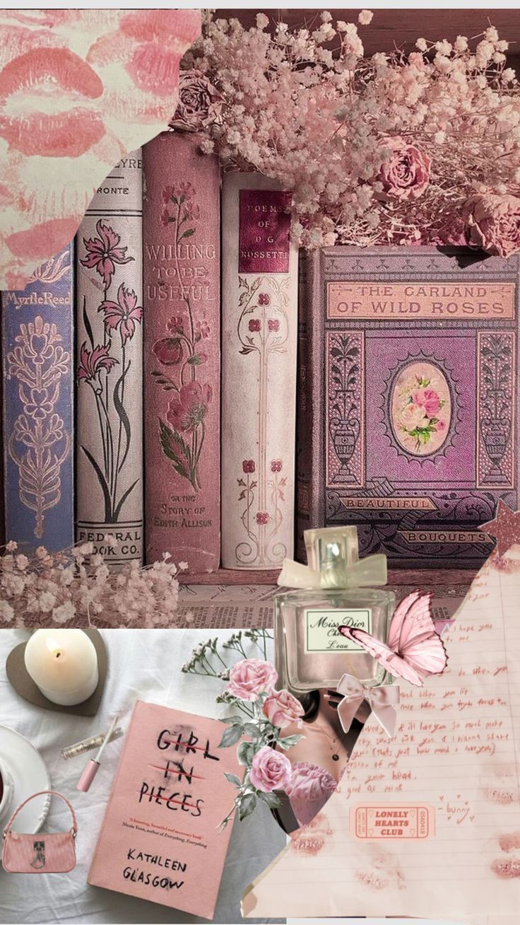 a collage of books, flowers and candles