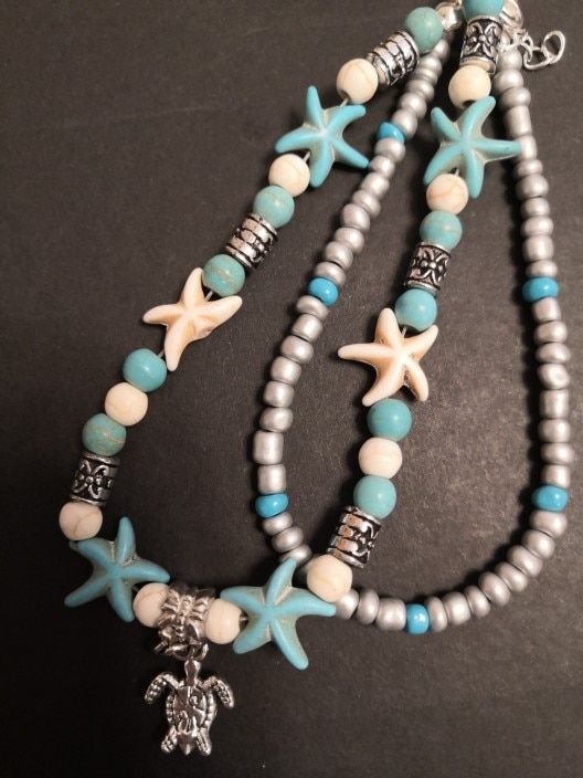 Handmade Sea Star & Turtle Anklet – Boho Peak Turquoise Starfish Beaded Bracelets, Ocean-inspired, Blue Starfish Charm Anklet For Vacation, Blue Beaded Starfish Anklet, Blue Anklet With Starfish Charm For Vacation, Ocean-inspired Turquoise Starfish Beaded Bracelets, Blue Anklets With Starfish Charm For Gift, Blue Anklets With Starfish Charm As Gift, Silver Bohemian Strand Anklets, Blue Beaded Ocean-inspired Anklet