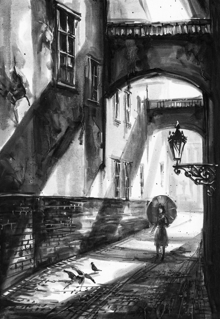 a black and white drawing of a person with an umbrella walking down a city street