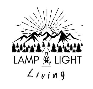 the logo for lamp and light living, with mountains in the background on a white background