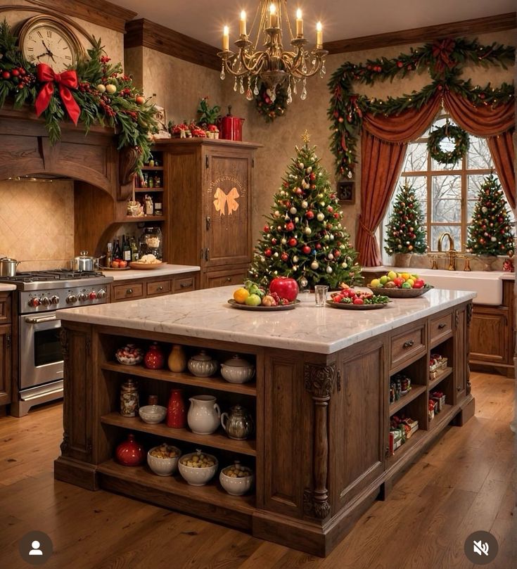 a kitchen decorated for christmas with lots of holiday decorations