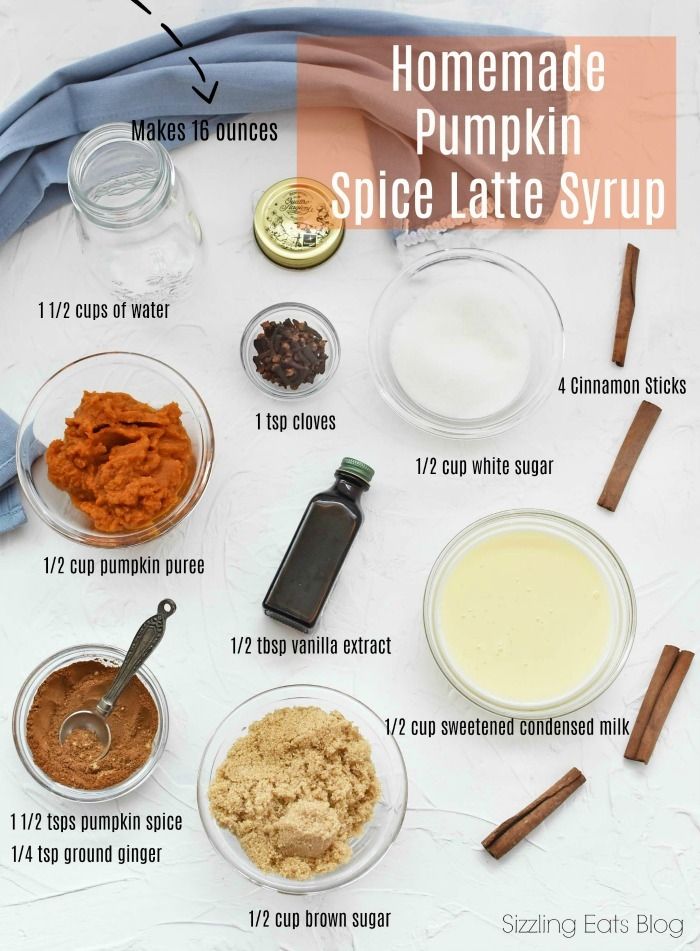 the ingredients for homemade pumpkin spice latte syrup are shown in separate bowls and labeled