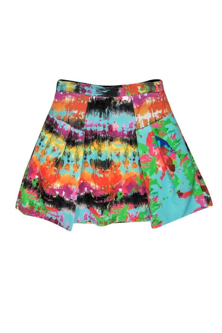 Current Boutique-Milly - Bright Splatter Patterned Skirt Sz 2 Trendy Flare Skirt For Spring, Summer Multicolor Vibrant Print Skirt, Bold Multicolor Spring Bottoms, Casual Flare Skirt For Summer, Colorful Vibrant Bottoms For Spring, Spring Flared Cotton Skirt, Multicolor Stretch Mini Skirt For Summer, Stretch Multicolor Mini Skirt For Summer, Summer Flowy Skirt With Abstract Print