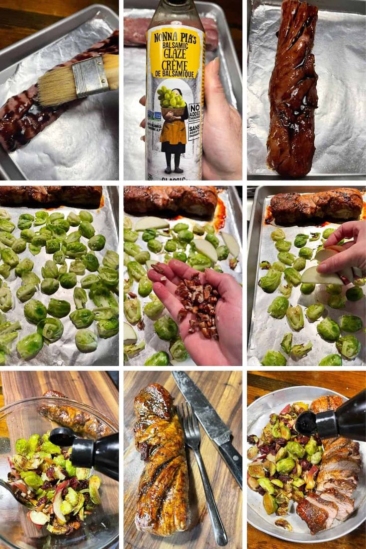 the process of making barbecued meat with brussels sprouts and bacon is shown