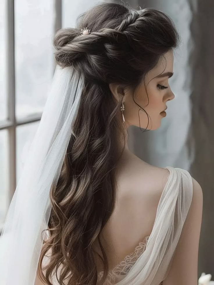 a woman with long hair wearing a veil and wedding dress is looking out the window