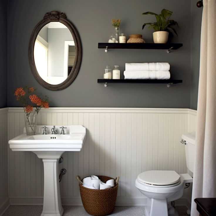 a white toilet sitting next to a sink in a bathroom under a mirror and shelves