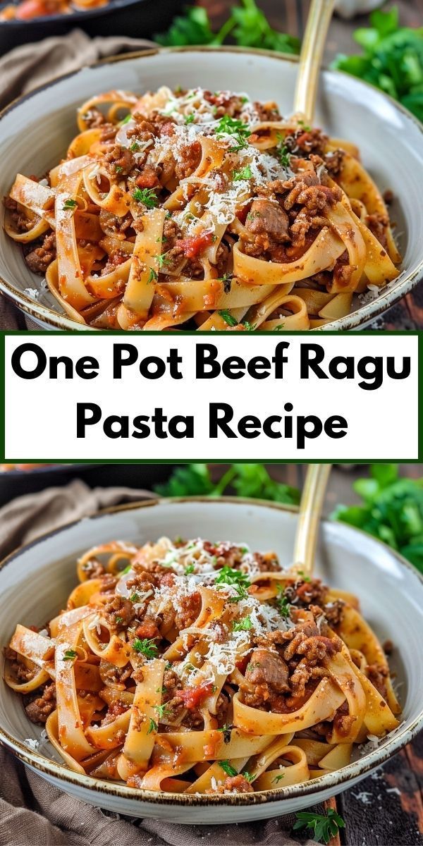 one pot beef ragu pasta recipe with parmesan cheese on top and the other side