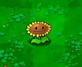 a cartoon sunflower sitting on top of a green field