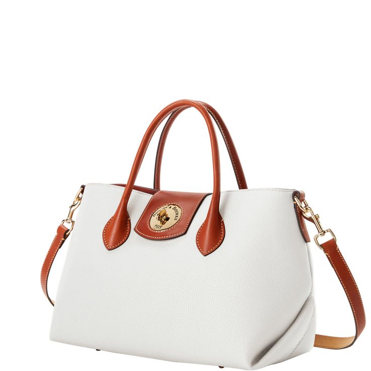 Everyday Chic  This roomy new look features classic Italian pebble leather and a jewelry grade turnlock closure. Timeless White Bag With Turn-lock Closure, Elegant White Bag With Turn-lock Closure, Timeless White Bag With Metal Hardware, White Top Handle Shoulder Bag With Turn-lock Closure, Timeless White Bags With Metal Hardware, White Crossbody Bag With Turn-lock Closure, White Business Satchel With Gold-tone Hardware, Classic White Shoulder Bag With Turn-lock Closure, White Shoulder Bag With Turn-lock For Everyday Use