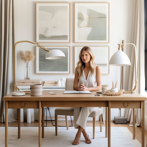 a woman sitting at a desk in front of pictures on the wall and lamp next to her