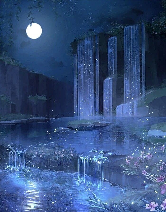 an artistic scene with waterfalls and flowers in the foreground, under a full moon