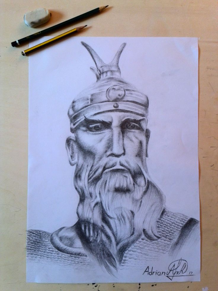 a pencil drawing of an old man with a beard and wearing a crown on his head