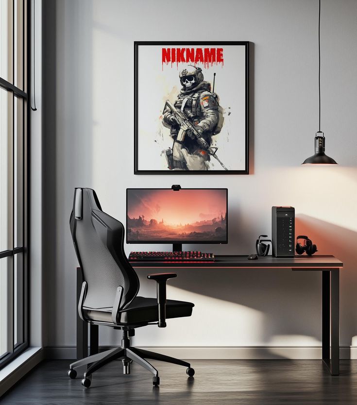 a computer desk with a monitor, keyboard and mouse in front of a large window