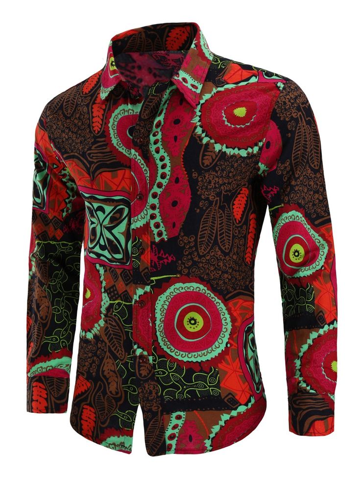 Floral Linen Tribal Printed Shirt - Red - 3S66436512 - Men's Clothing  #MensClothing #Men's #Clothing Multicolor Graphic Print Long Sleeve Shirt, Multicolor Print Long Sleeve Shirt With All Over Print, Multicolor Print Long Sleeve Shirt, Multicolor Long Sleeve Shirt With All Over Print, Long Sleeve Multicolor Shirt With All Over Print, Long Sleeve Multicolor Print Shirt, Slim Fit Long Sleeve Printed Tops, Multicolor Tops With Casual Collar For Fall, Patterned Collared Top With All Over Print