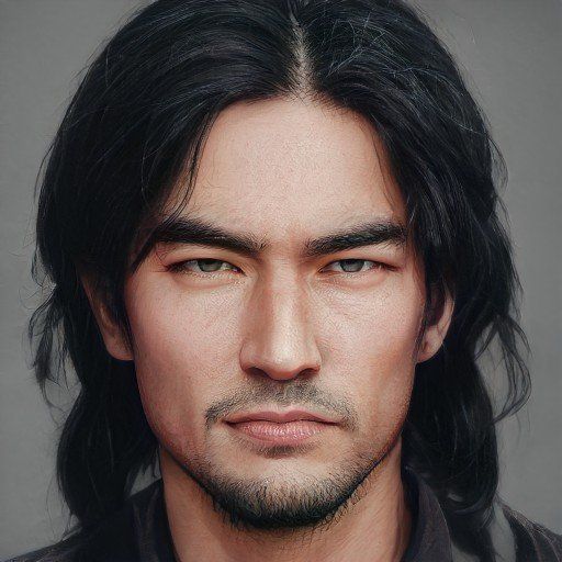 an artist's rendering of a man with long black hair and brown eyes looking at the camera