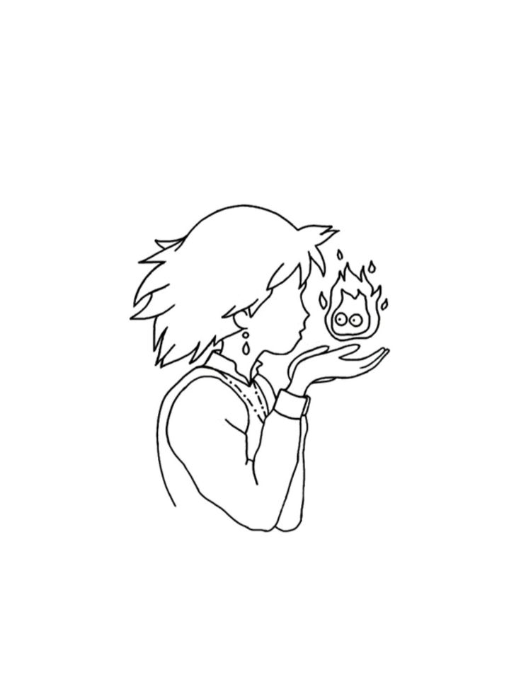 a black and white drawing of a person holding a bird in their hand with fire coming out of it