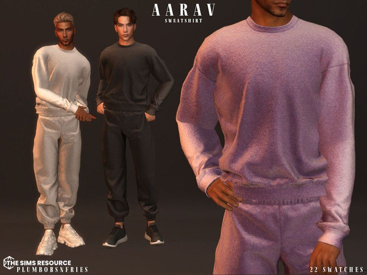 three male models are standing next to each other in different colors and sizes, all wearing sweat suits