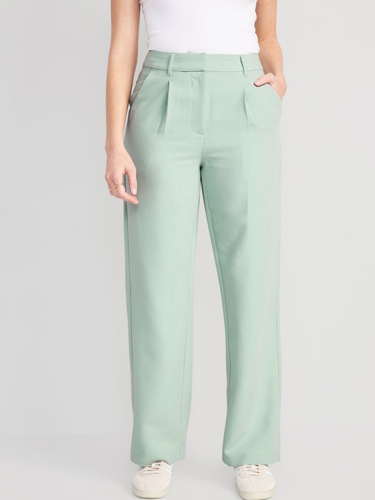 Partially-elasticized extra high-rise waistband, with built-in belt loops.  Concealed double hook-and-bar closure, built-in belt loops, hidden zip fly, and interior stay button.  On-seam diagonal side pockets, with back welt pocket.  Secret-smooth po Green Wide Leg Pants For Business Casual, Green Wide Leg Casual Pants For Business Casual, Casual Dress Pants With Elastic Waistband For Work, Tapered Leg Bottoms For Workwear With Belt Loops, Wide Leg Office Bottoms With Pockets, Wide Leg Bottoms With Pockets For Office, Office Wide Leg Bottoms With Pockets, Office Wide-leg Bottoms With Pockets, Spring Workwear Dress Pants With Elastic Waistband