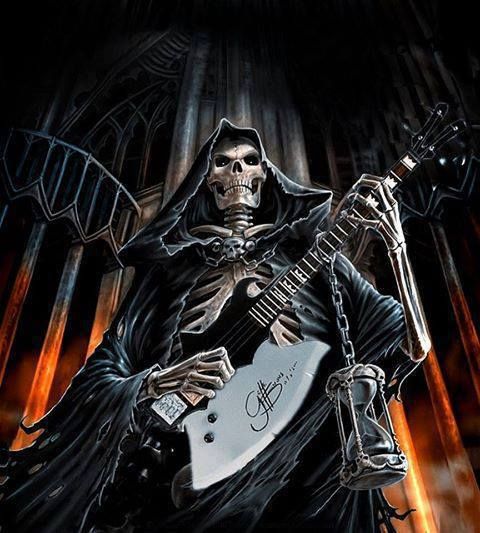 a skeleton with a guitar in his hands