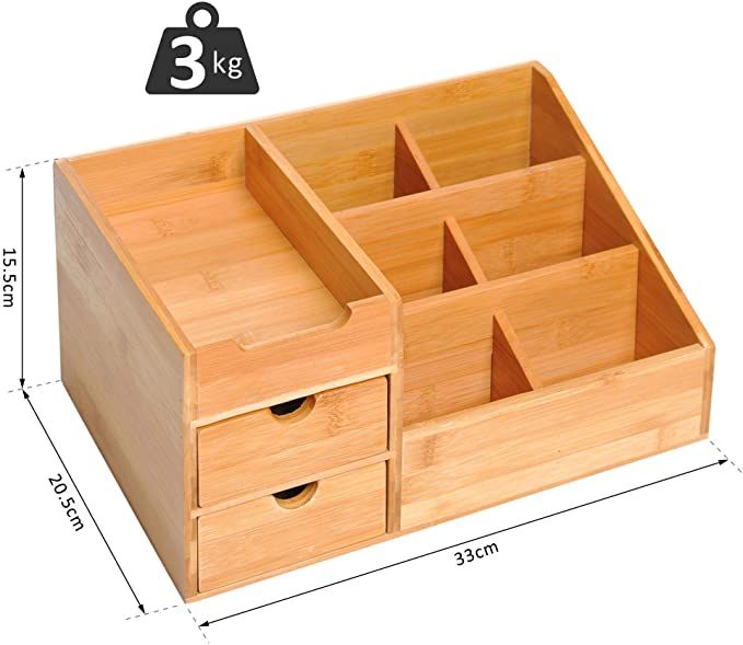 a wooden drawer with three drawers and measurements for the bottom section, including 3 compartments