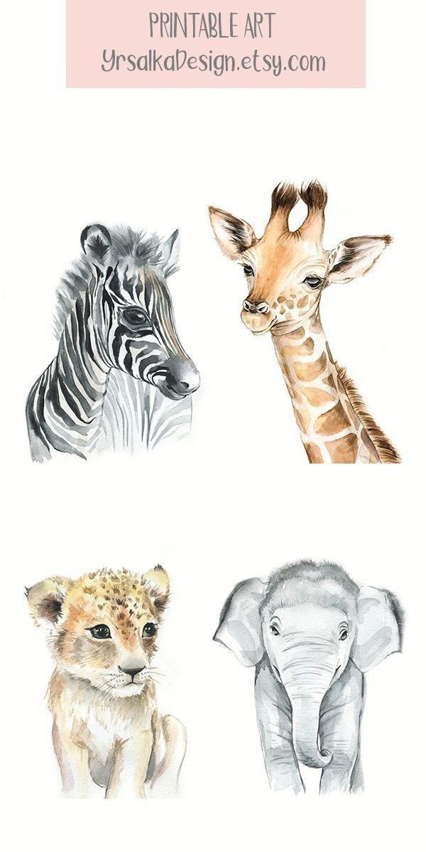 an elephant, giraffe and zebra are featured in this printable art