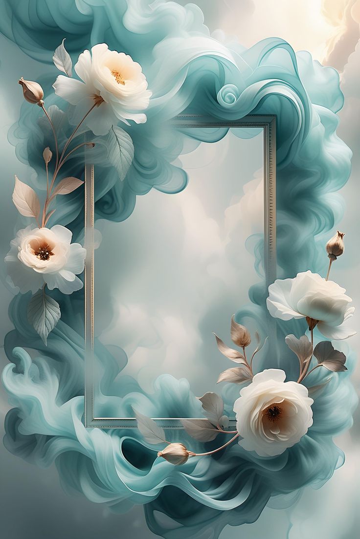 an artistic photo frame with flowers in the middle and clouds around it, on a blue background