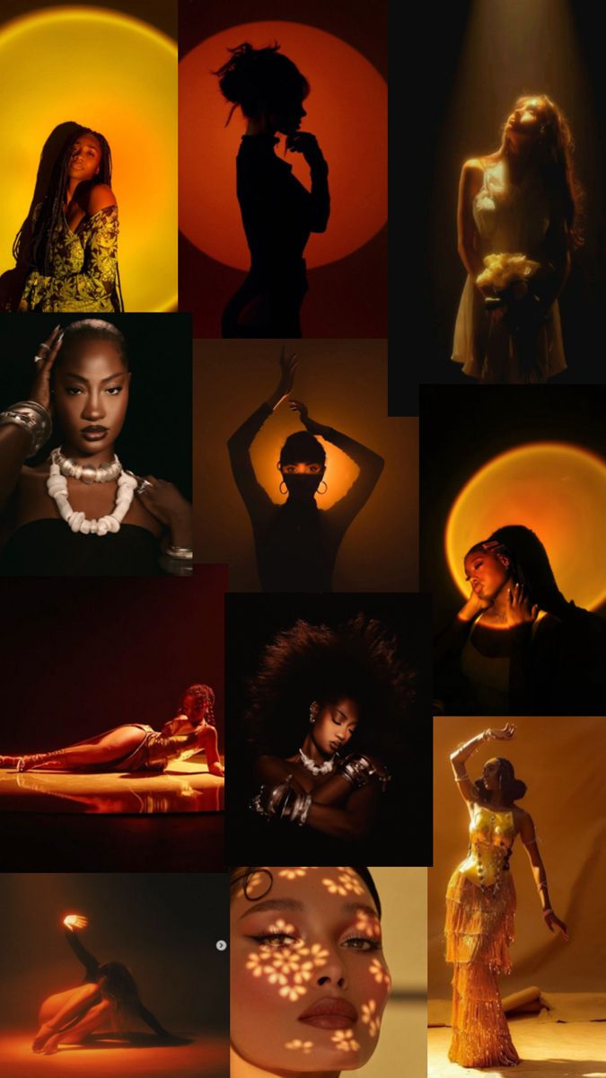 the collage shows different images of women in black and yellow outfits, with one woman's head tilted to the side