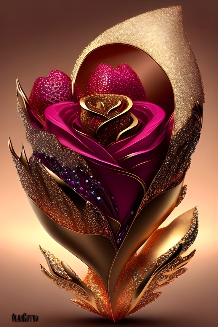 a heart shaped flower with gold and pink petals