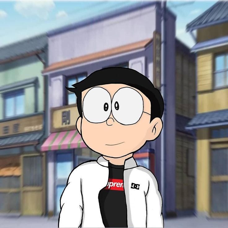 a cartoon character is standing in front of a building with two windows on the street