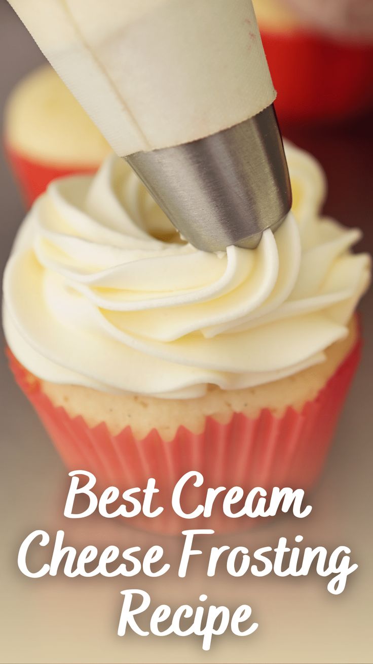 a cupcake being frosted with icing and the words best cream cheese frosting recipe