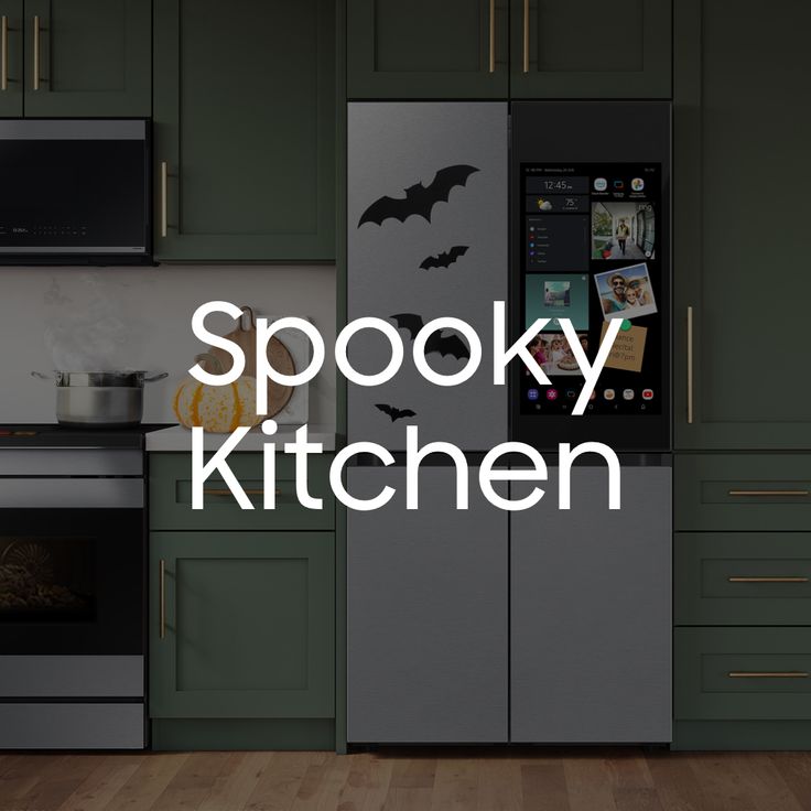 the words spooky kitchen are displayed in front of green cabinets